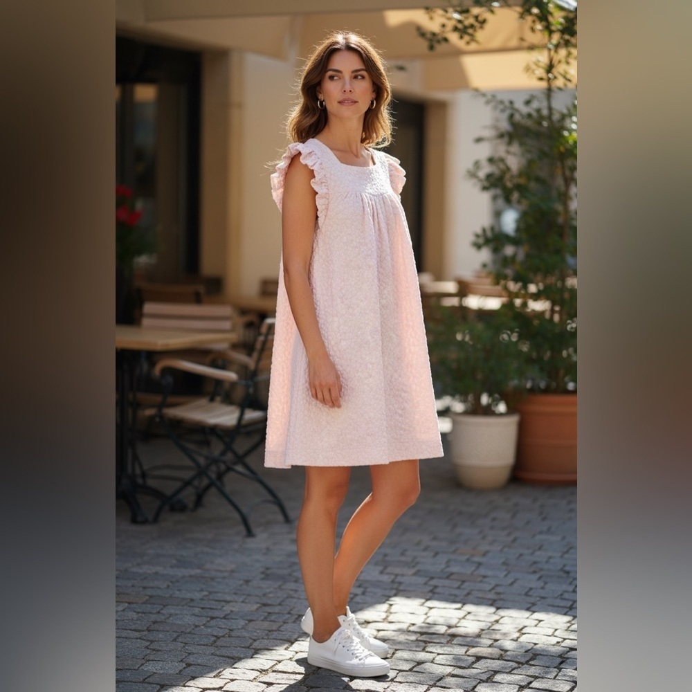 Pale Pink Textured Ruffled Sleeve Dress